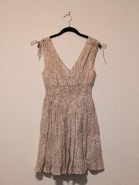 Sleeveless V-Neck Smocked Waist Polka Dot Dress - Cream with Red Dots